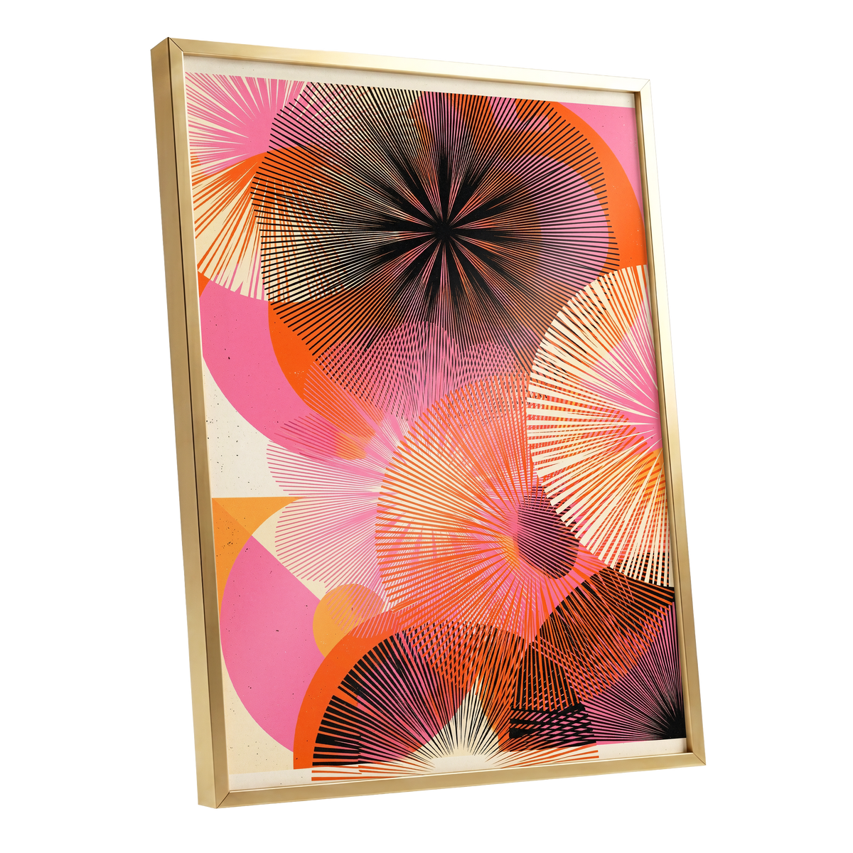 Radiant Orbit, pink, orange, black abstract wall art shown as a gold framed poster wall art print