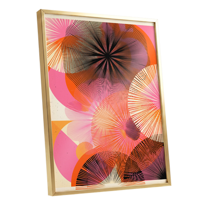 Radiant Orbit, pink, orange, black abstract wall art shown as a gold framed poster wall art print