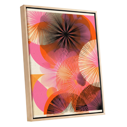 Radiant Orbit, pink, orange, black abstract wall art shown as a oak framed canvas wall art