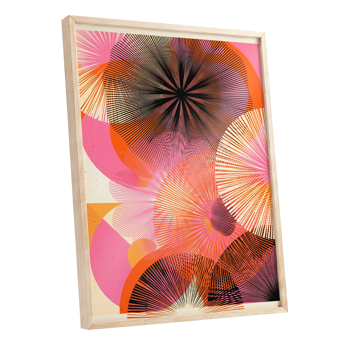 Radiant Orbit, pink, orange, black abstract wall art shown as a oak framed poster wall art print