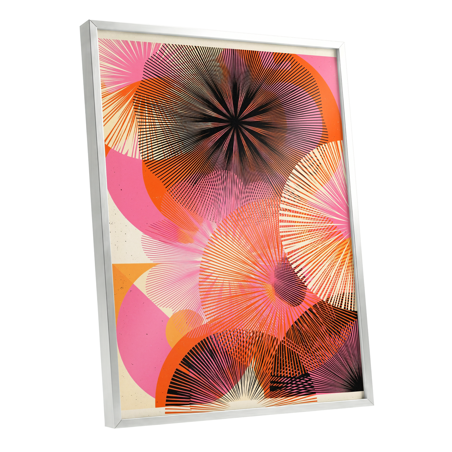 Radiant Orbit, pink, orange, black abstract wall art shown as a silver framed poster wall art print