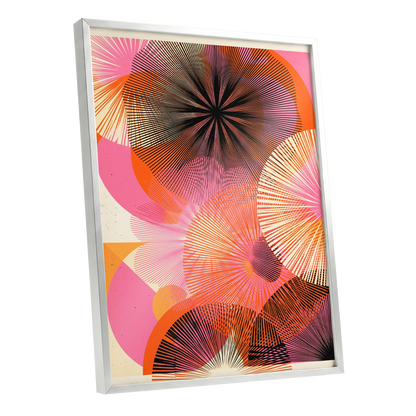 Radiant Orbit, pink, orange, black abstract wall art shown as a silver framed poster wall art print
