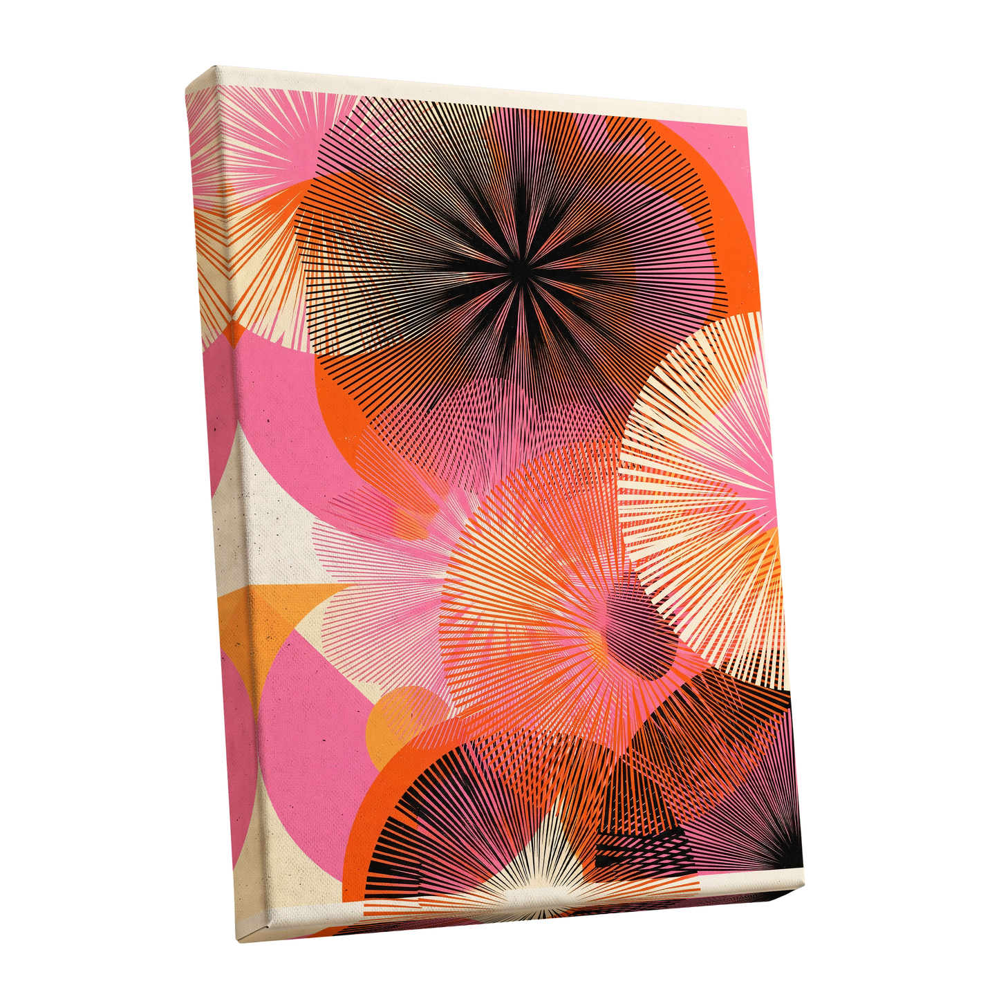 Radiant Orbit, pink, orange, black abstract wall art shown as a stretched canvas wall art
