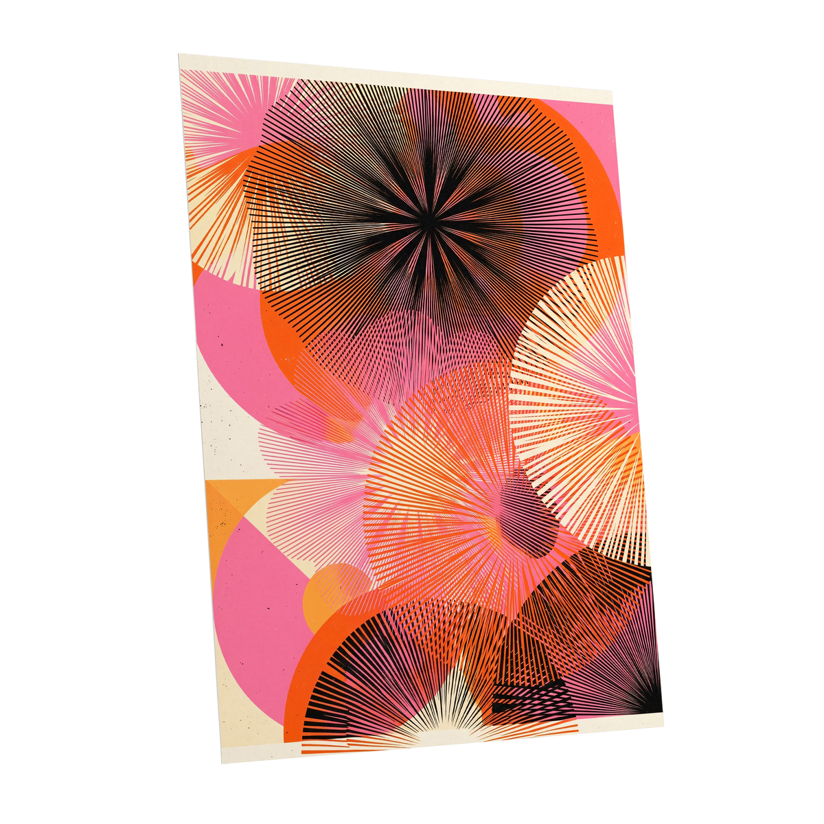 Radiant Orbit, pink, orange, black abstract wall art shown as a unframed poster wall art print