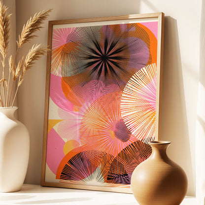 Radiant Orbit, pink, orange, black abstract wall art displayed in a styled interior, gallery view 1