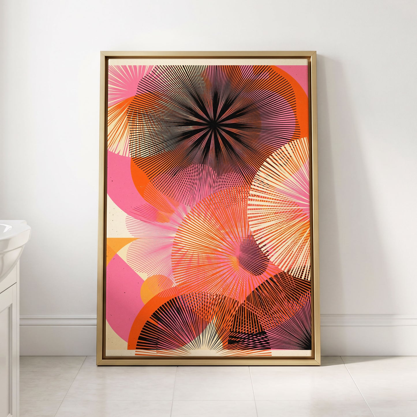Radiant Orbit, pink, orange, black abstract wall art displayed in a styled interior, gallery view 2