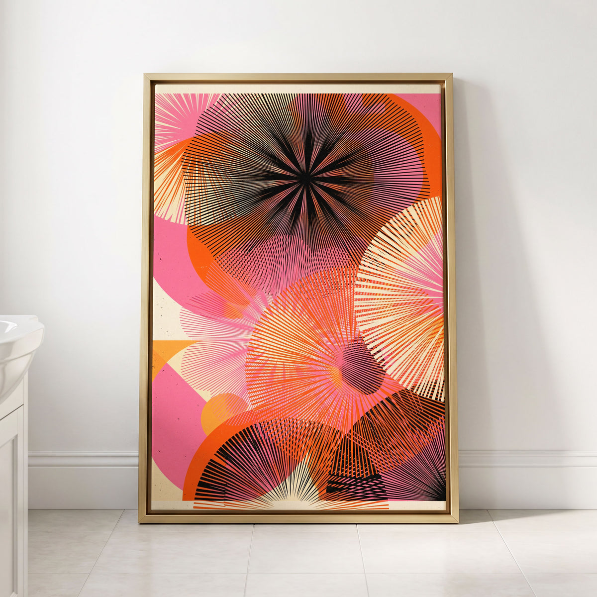 Radiant Orbit, pink, orange, black abstract wall art displayed in a styled interior, gallery view 2