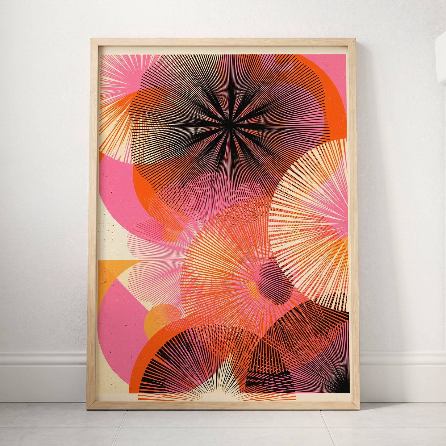 Radiant Orbit, pink, orange, black abstract wall art displayed in a styled interior, gallery view 3