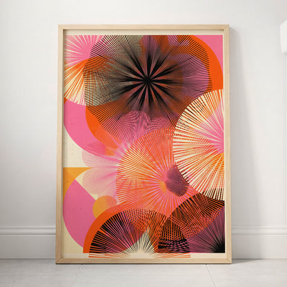 Radiant Orbit, pink, orange, black abstract wall art displayed in a styled interior, gallery view 3