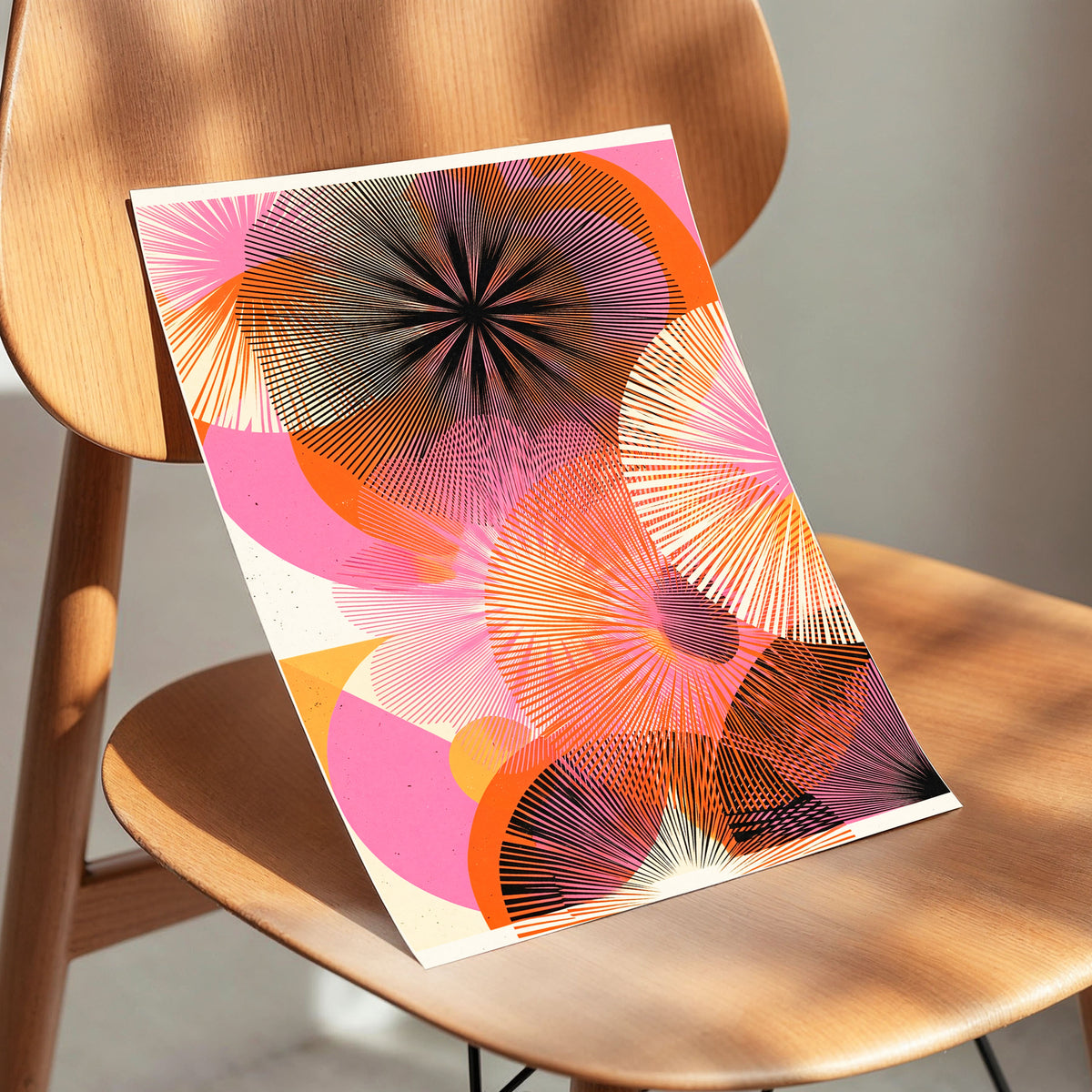 Radiant Orbit, pink, orange, black abstract wall art displayed in a styled interior, gallery view 4