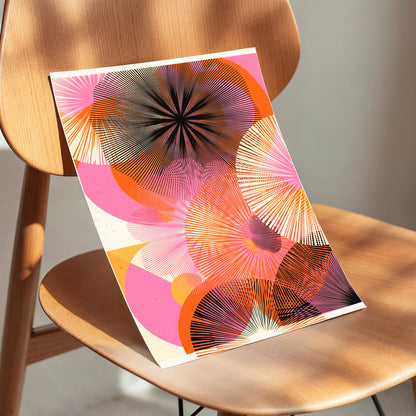 Radiant Orbit, pink, orange, black abstract wall art displayed in a styled interior, gallery view 4