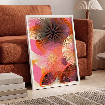 Radiant Orbit, pink, orange, black abstract wall art displayed in a styled interior, gallery view 5