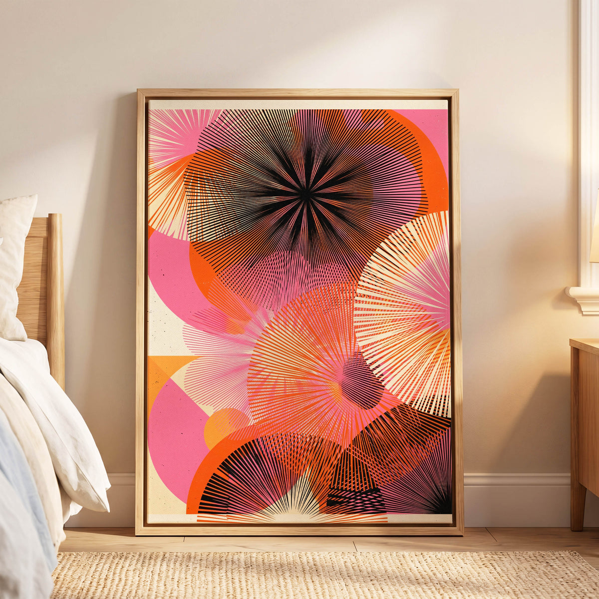 Radiant Orbit, pink, orange, black abstract wall art displayed in a styled interior, gallery view 6