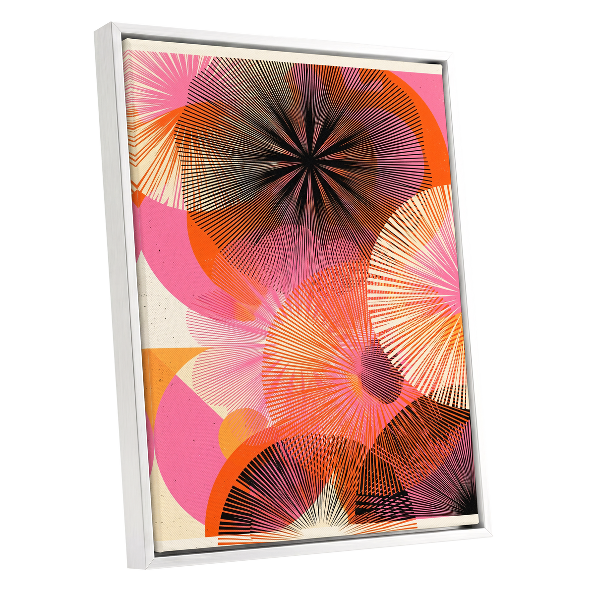 Radiant Orbit, pink, orange, black abstract wall art shown as a white framed canvas wall art