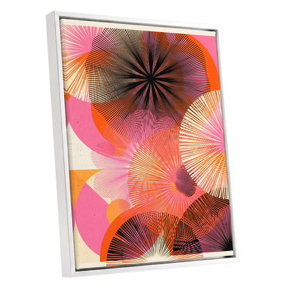 Radiant Orbit, pink, orange, black abstract wall art shown as a white framed canvas wall art