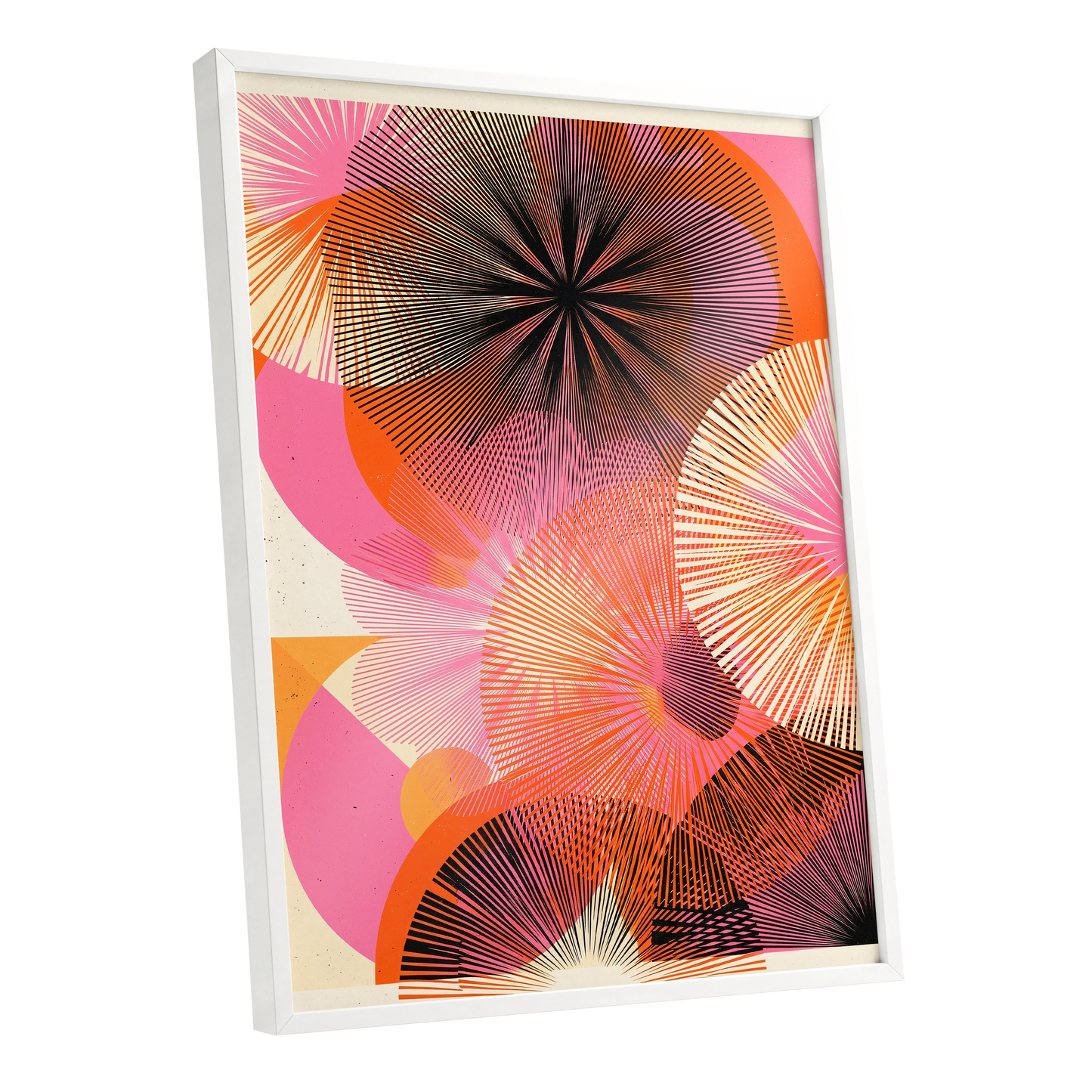 Radiant Orbit, pink, orange, black abstract wall art shown as a white framed poster wall art print