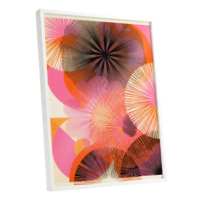 Radiant Orbit, pink, orange, black abstract wall art shown as a white framed poster wall art print
