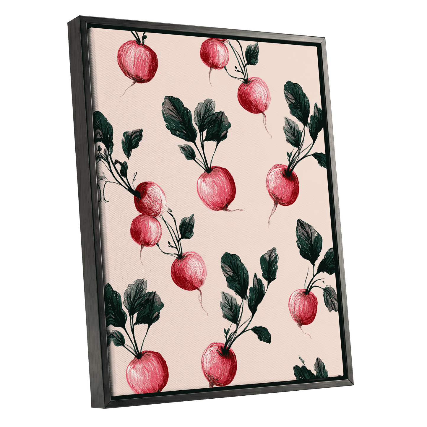 Radish Garden Rhythm, beige, pink, red nature wall art shown as a black framed canvas wall art