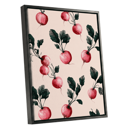 Radish Garden Rhythm, beige, pink, red nature wall art shown as a black framed canvas wall art