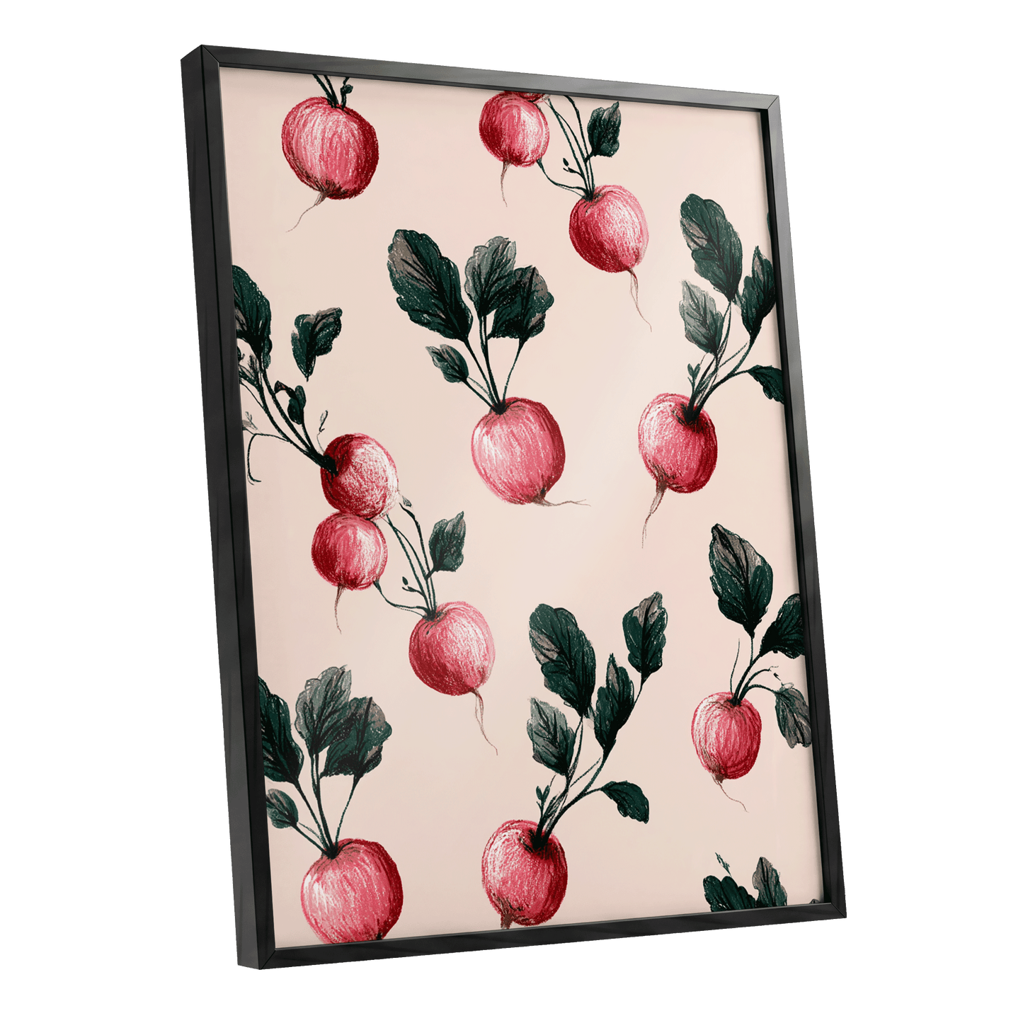 Radish Garden Rhythm, beige, pink, red nature wall art shown as a black framed poster wall art print