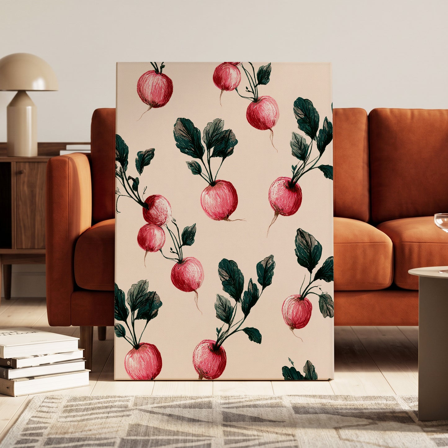 Radish Garden Rhythm, beige, pink, red nature wall art on canvas displayed in a styled interior, gallery view 1