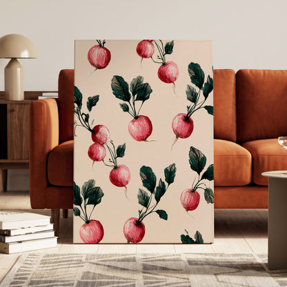 Radish Garden Rhythm, beige, pink, red nature wall art on canvas displayed in a styled interior, gallery view 1
