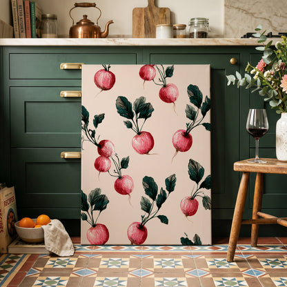Radish Garden Rhythm, beige, pink, red nature wall art on canvas displayed in a styled interior, gallery view 2