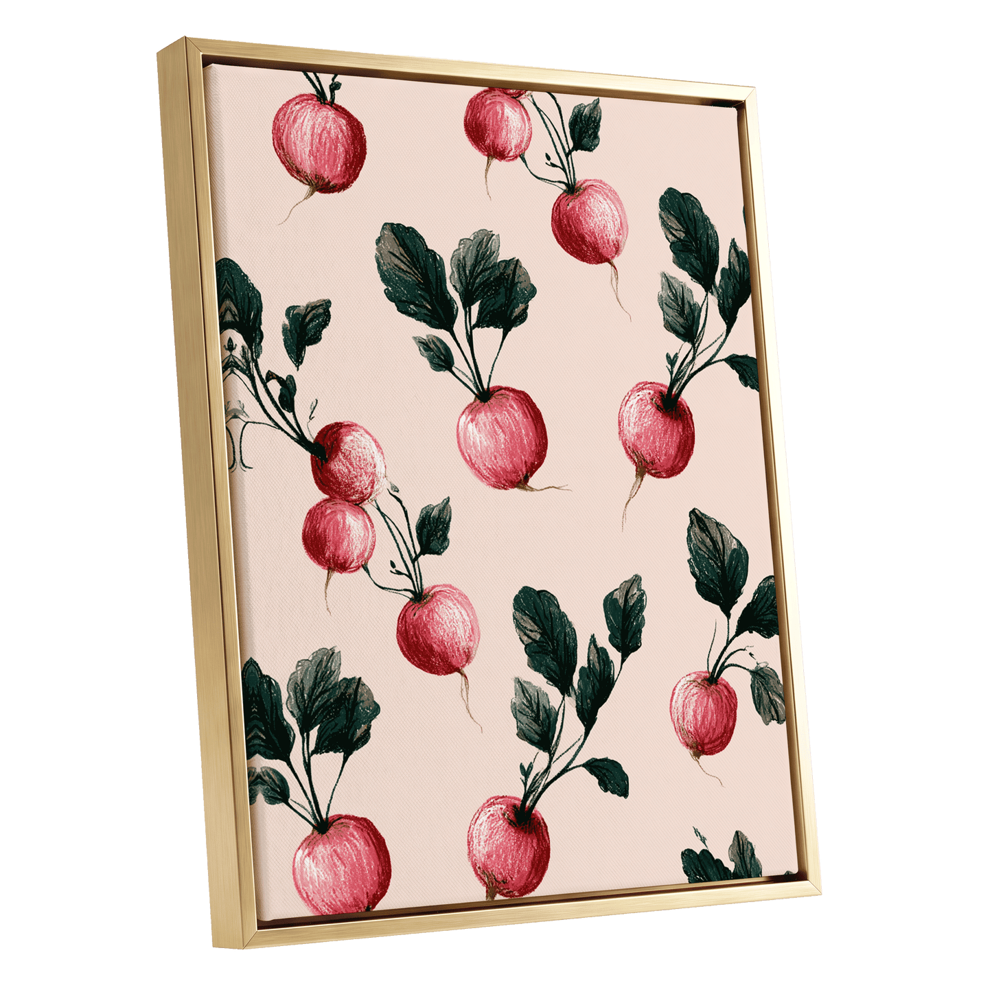 Radish Garden Rhythm, beige, pink, red nature wall art shown as a gold framed canvas wall art