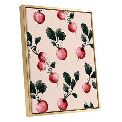 Radish Garden Rhythm, beige, pink, red nature wall art shown as a gold framed canvas wall art
