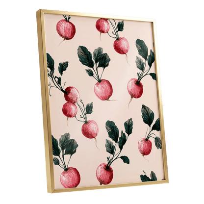 Radish Garden Rhythm, beige, pink, red nature wall art shown as a gold framed poster wall art print