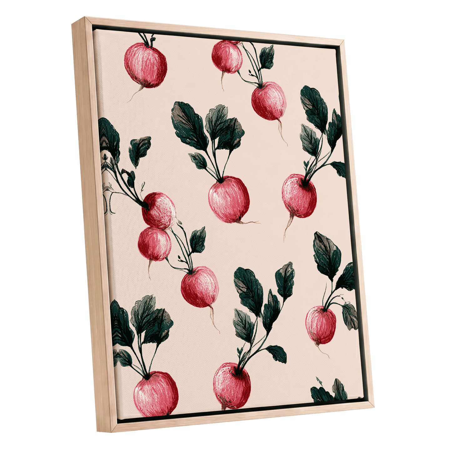 Radish Garden Rhythm, beige, pink, red nature wall art shown as a oak framed canvas wall art