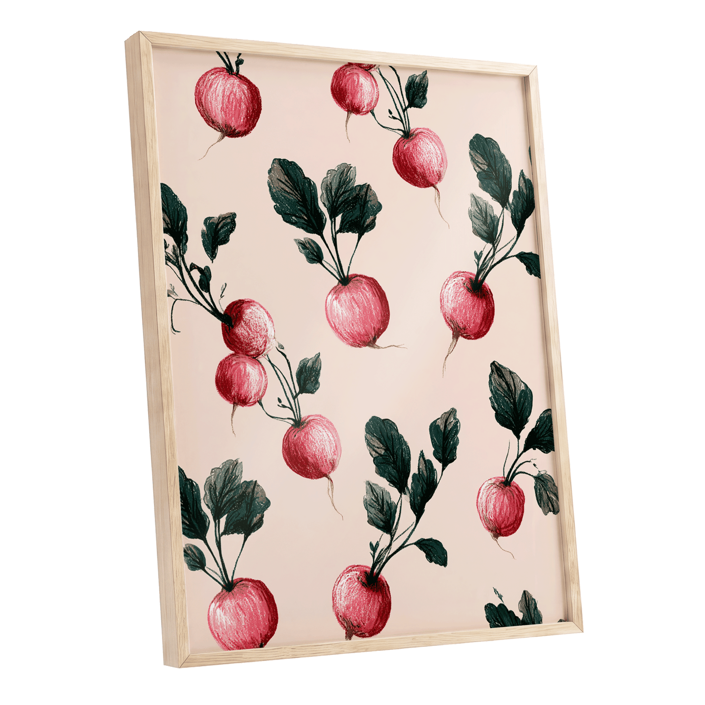 Radish Garden Rhythm, beige, pink, red nature wall art shown as a oak framed poster wall art print