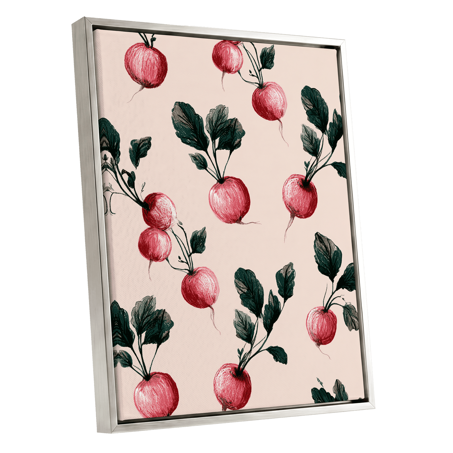 Radish Garden Rhythm, beige, pink, red nature wall art shown as a silver framed canvas wall art