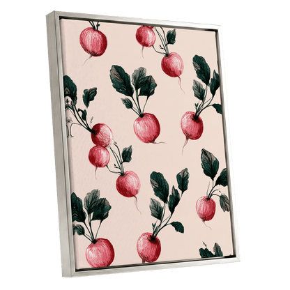 Radish Garden Rhythm, beige, pink, red nature wall art shown as a silver framed canvas wall art