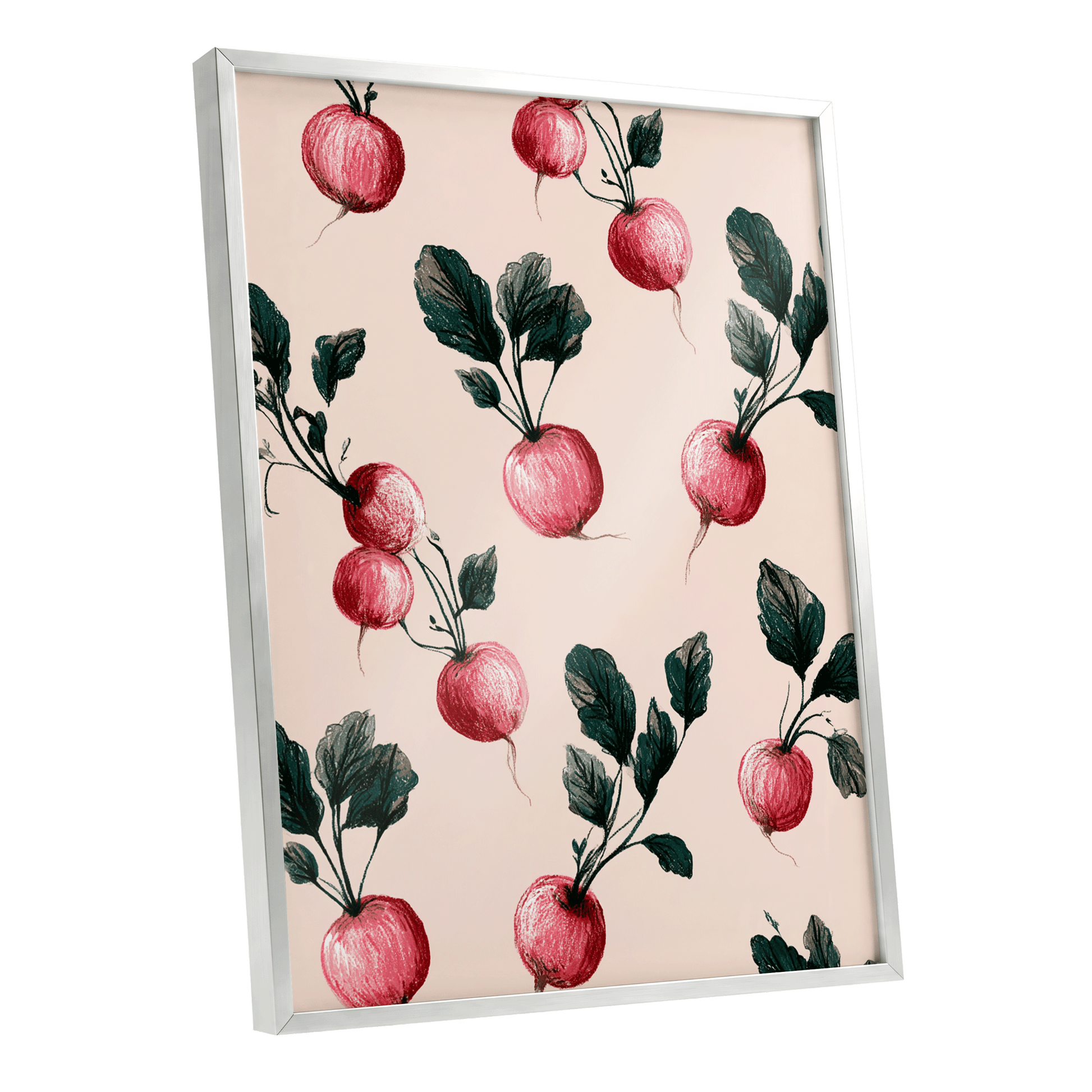 Radish Garden Rhythm, beige, pink, red nature wall art shown as a silver framed poster wall art print