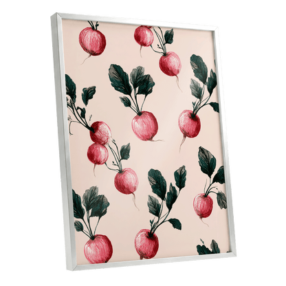 Radish Garden Rhythm, beige, pink, red nature wall art shown as a silver framed poster wall art print