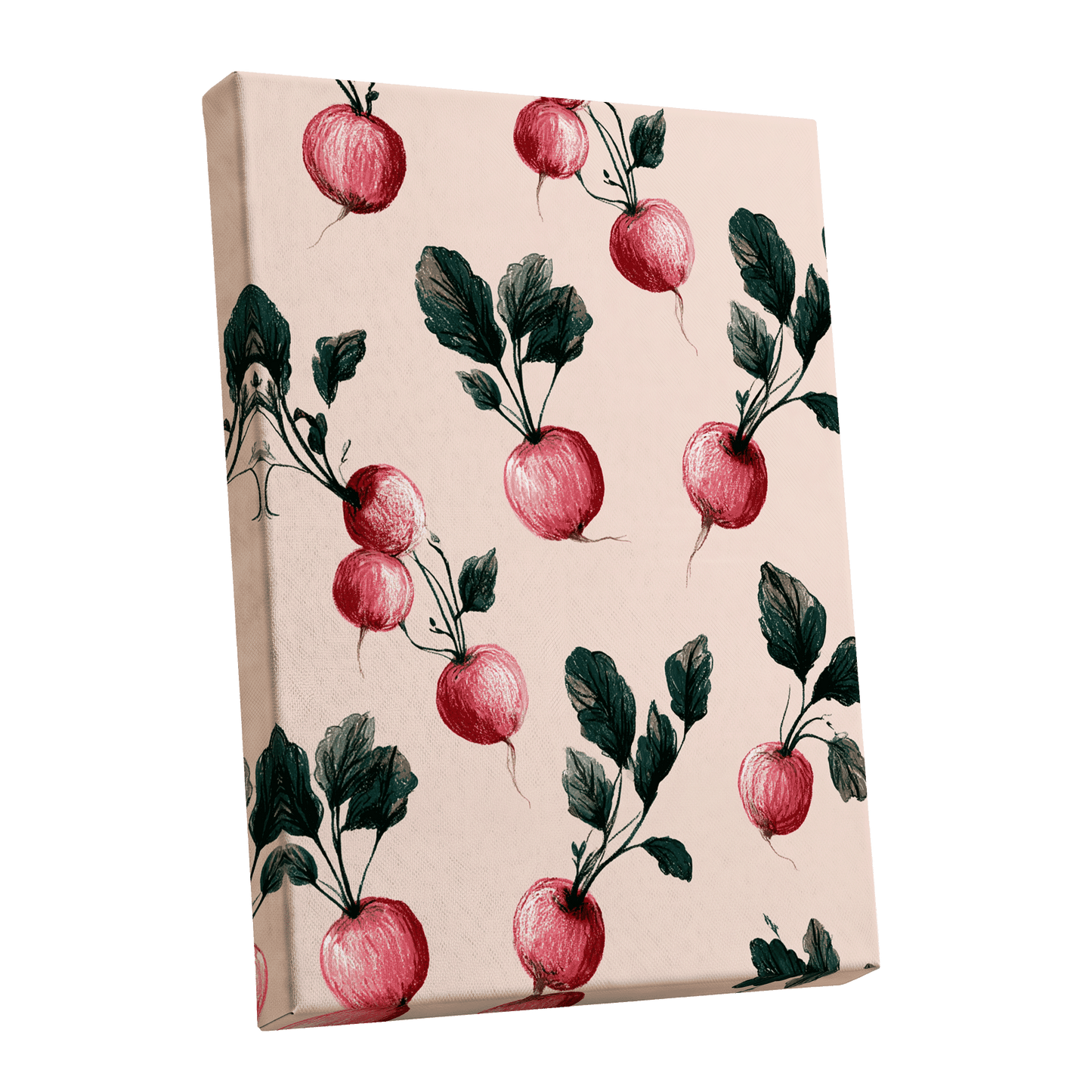 Radish Garden Rhythm, beige, pink, red nature wall art shown as a stretched canvas wall art