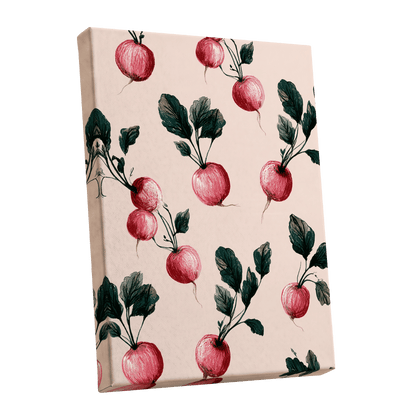Radish Garden Rhythm, beige, pink, red nature wall art shown as a stretched canvas wall art