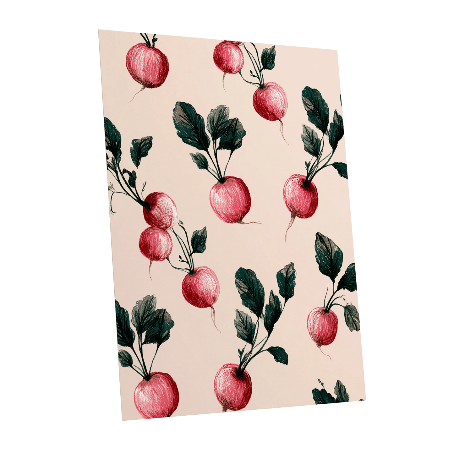Radish Garden Rhythm, beige, pink, red nature wall art shown as a unframed poster wall art print