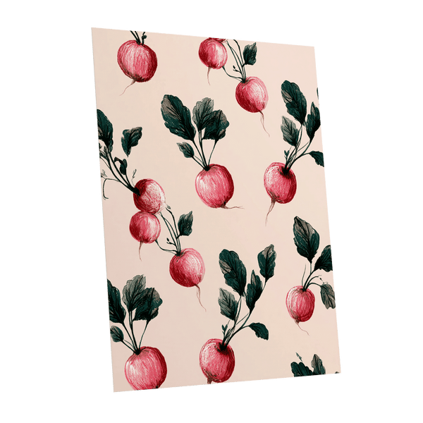 Radish Garden Rhythm, beige, pink, red nature wall art shown as a unframed poster wall art print