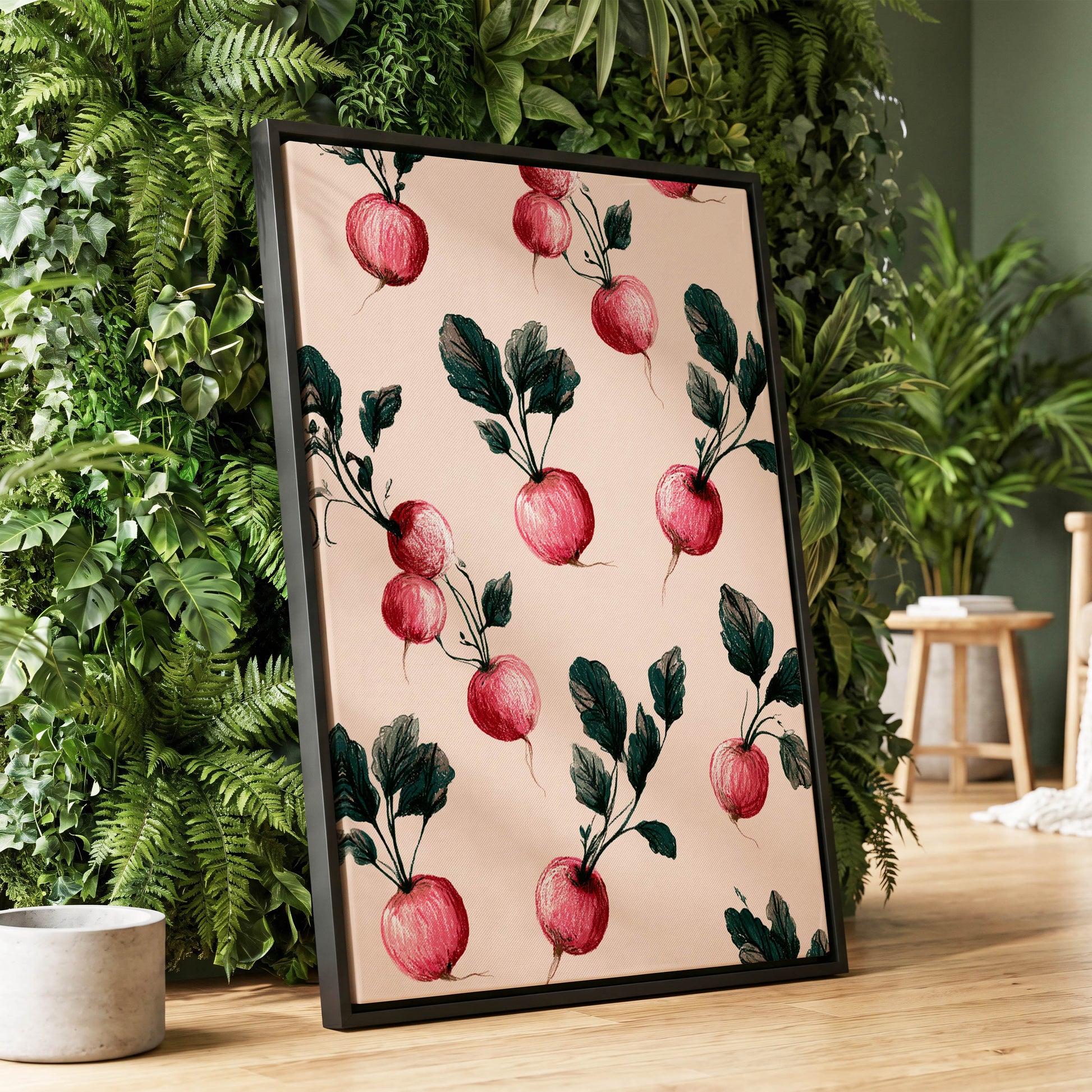 Radish Garden Rhythm, beige, pink, red nature wall art displayed in a styled interior, gallery view 1
