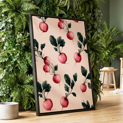 Radish Garden Rhythm, beige, pink, red nature wall art displayed in a styled interior, gallery view 1