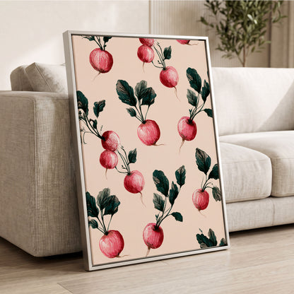 Radish Garden Rhythm, beige, pink, red nature wall art displayed in a styled interior, gallery view 2