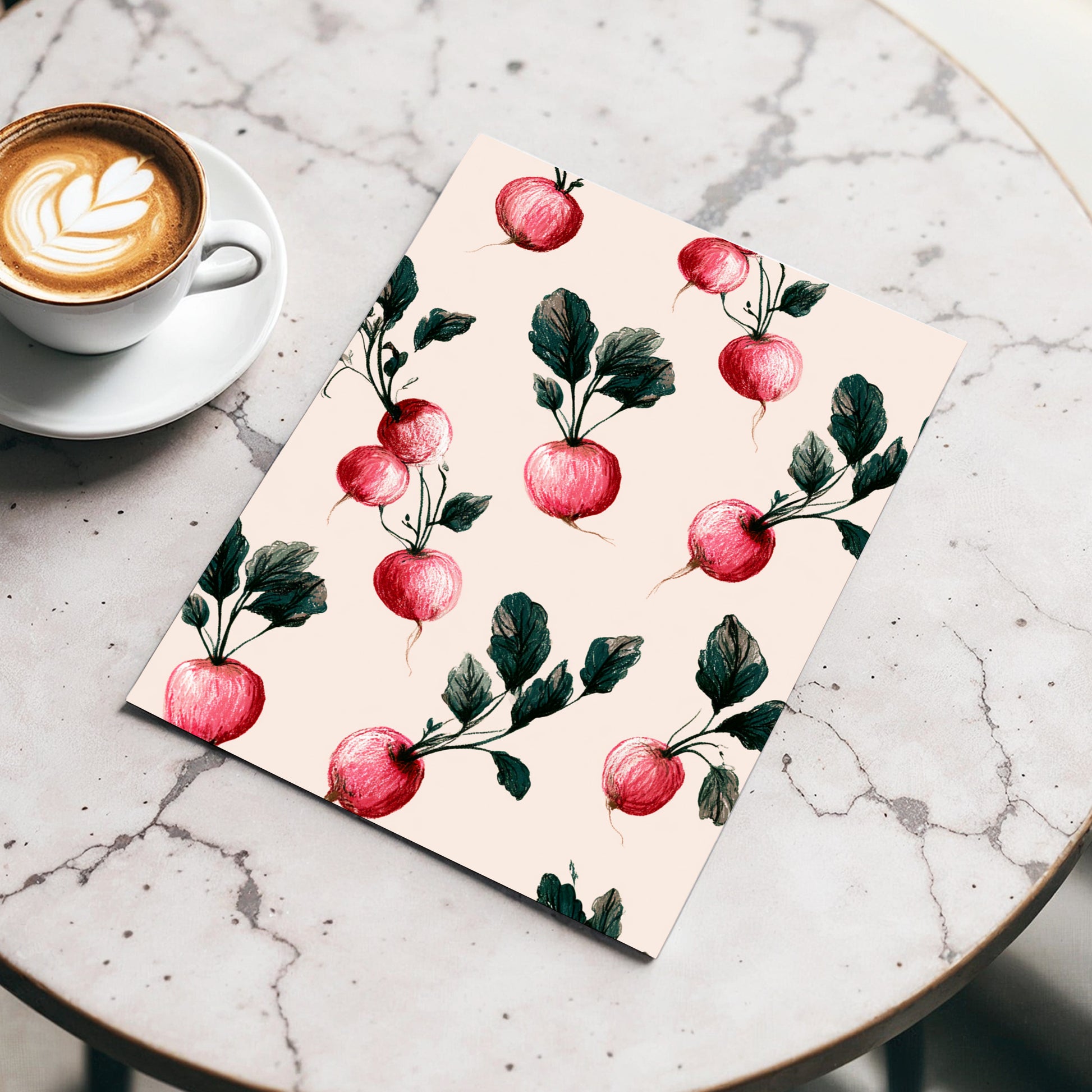 Radish Garden Rhythm, beige, pink, red nature wall art displayed in a styled interior, gallery view 3