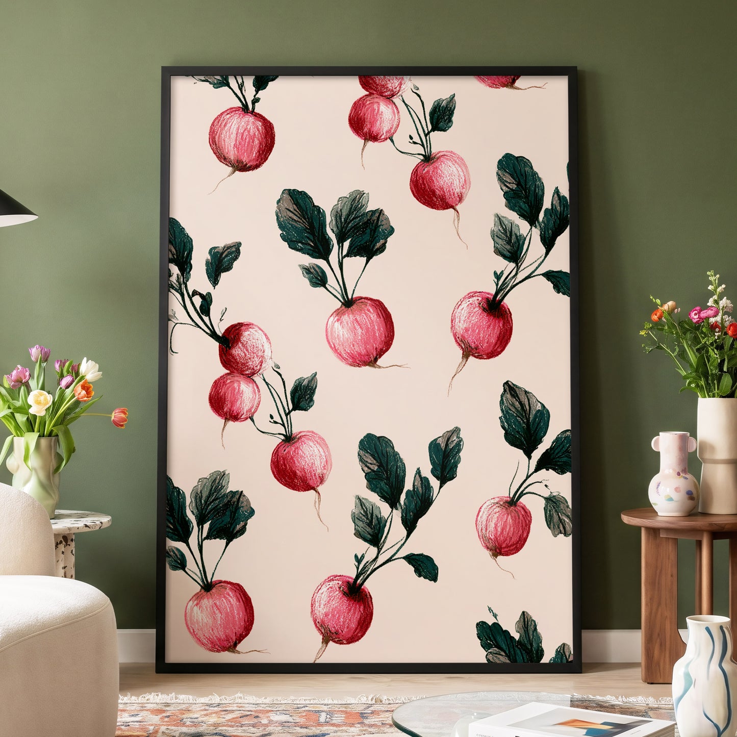 Radish Garden Rhythm, beige, pink, red nature wall art displayed in a styled interior, gallery view 4