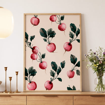 Radish Garden Rhythm, beige, pink, red nature wall art displayed in a styled interior, gallery view 5