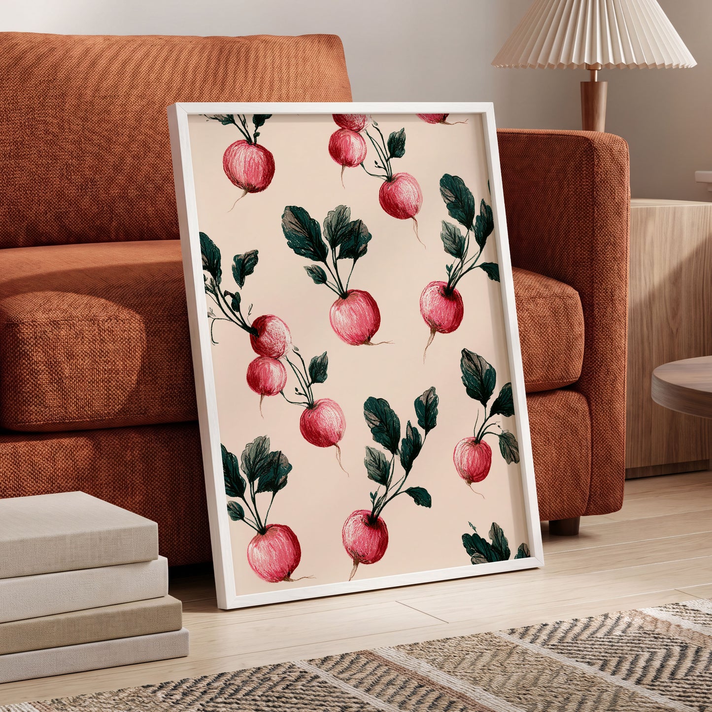 Radish Garden Rhythm, beige, pink, red nature wall art displayed in a styled interior, gallery view 6