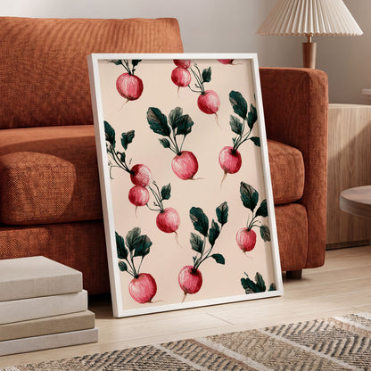 Radish Garden Rhythm, beige, pink, red nature wall art displayed in a styled interior, gallery view 6