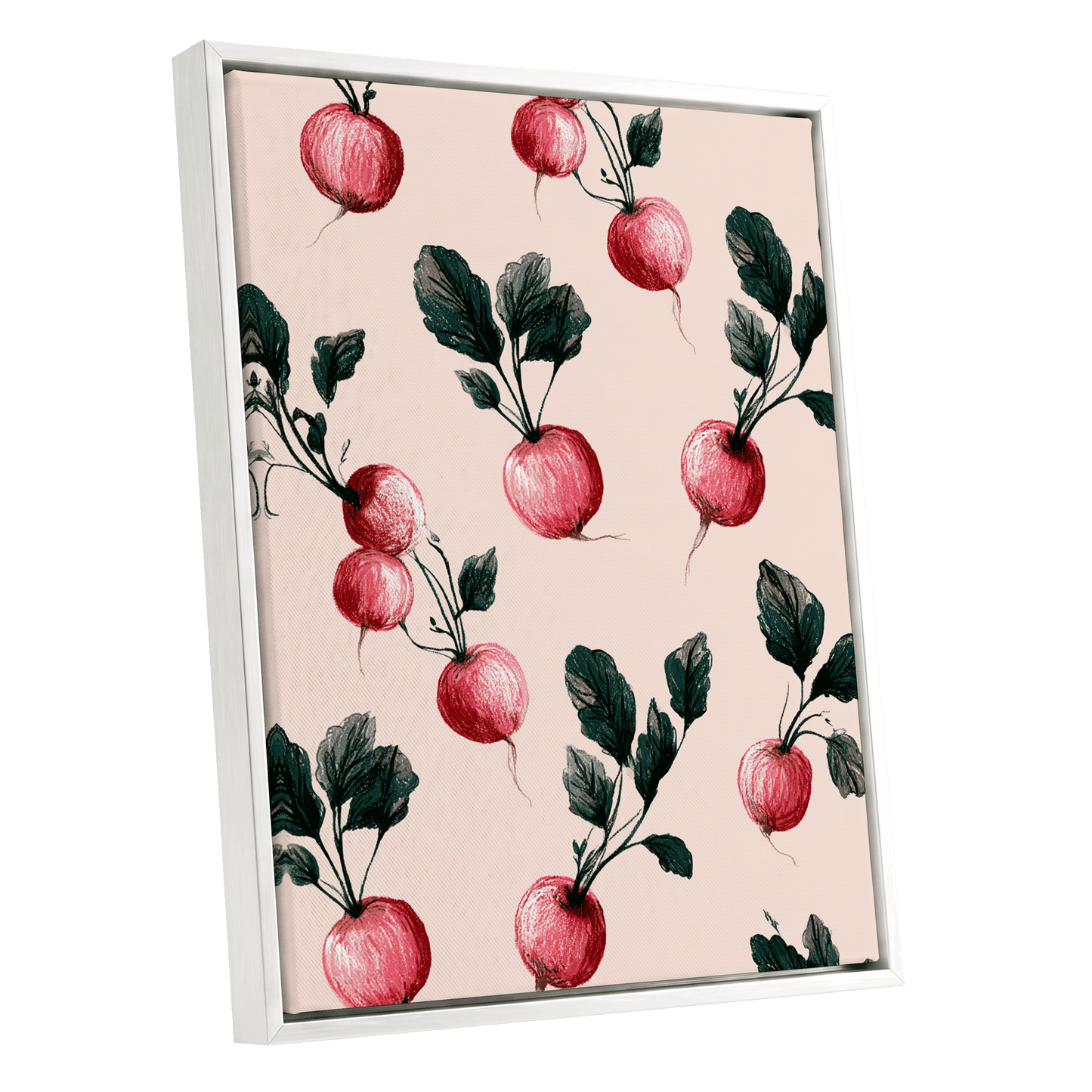 Radish Garden Rhythm, beige, pink, red nature wall art shown as a white framed canvas wall art