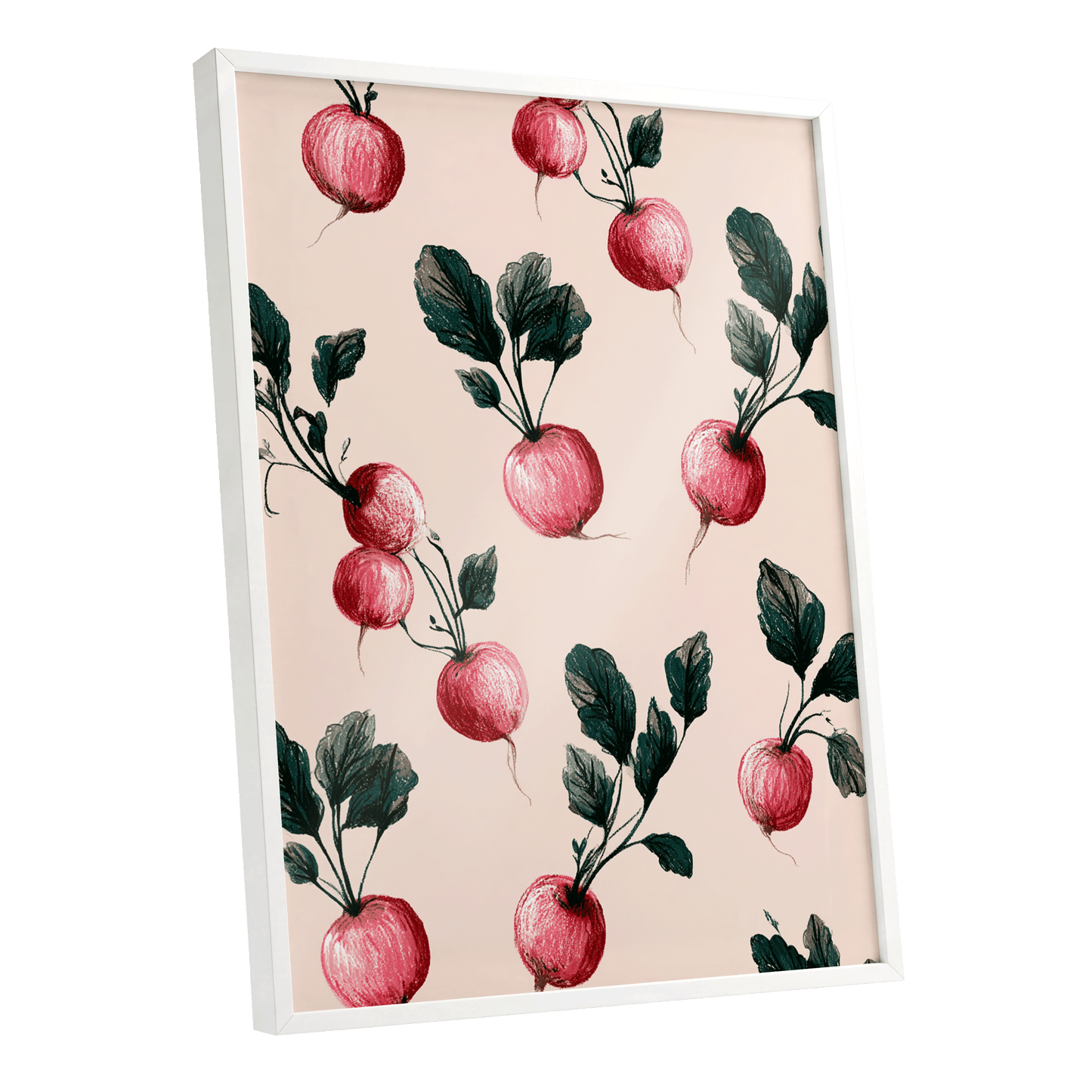 Radish Garden Rhythm, beige, pink, red nature wall art shown as a white framed poster wall art print
